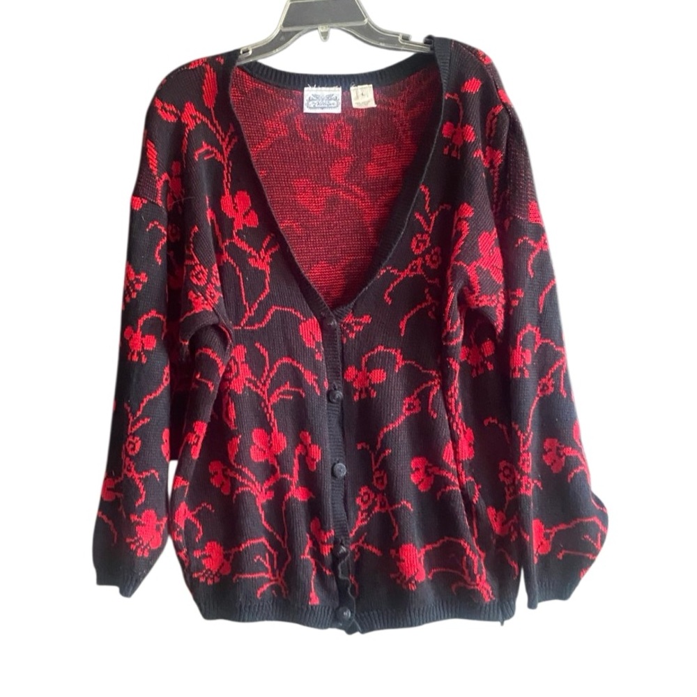 The Villager Long Sleeve Black/Red Floral Print Button Down Cardigan Sweater. Lg